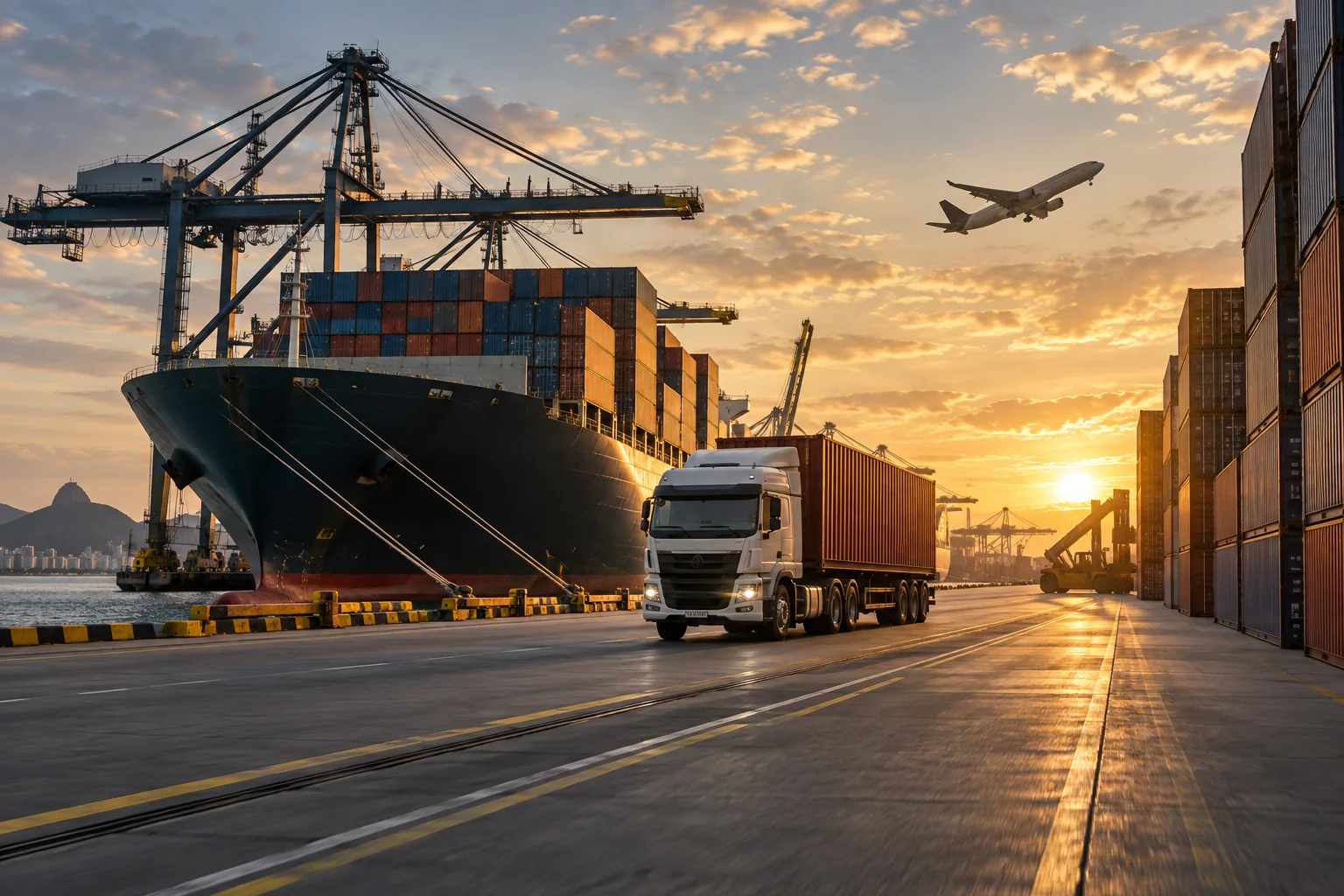 Navio porta-contêineres, caminhão e avião em uma operação logística integrada